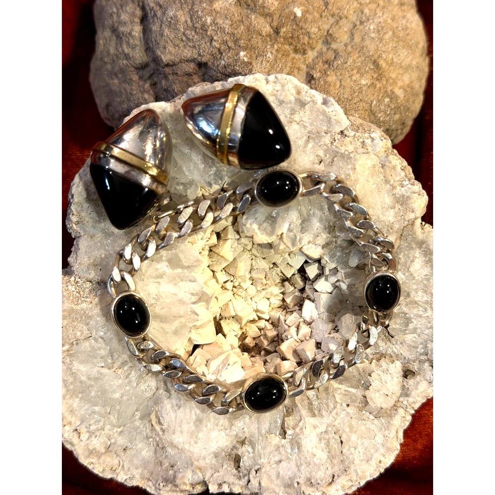 Sterling Silver & Black Onyx Link Bracelet and VTG Matching Teardrop Earrings